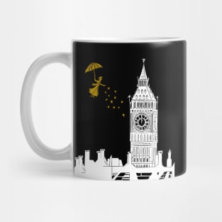 Mary Poppins and Big Ben Linocut Print in white, black and gold Mug